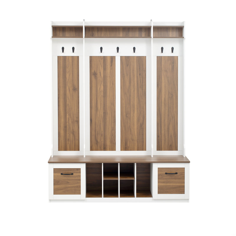 Hall Tree 58.8" Wide With Bench And Shoe Storage, Brown/White