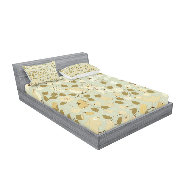 Ambesonne Floral Fitted Sheet & Pillow Sham Set, Pistachio Green White, Calking Sheet Set + 1 Fitted Sheet + 4 Pillowcases