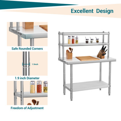 Stainless Steel Commercial Work Table with 2 Removable Upper Shelves & Adjustable Lower Shelf, Heavy Duty Wide Metal Prep Table for Kitchen Restaurant Workshop Garage Industrial Use