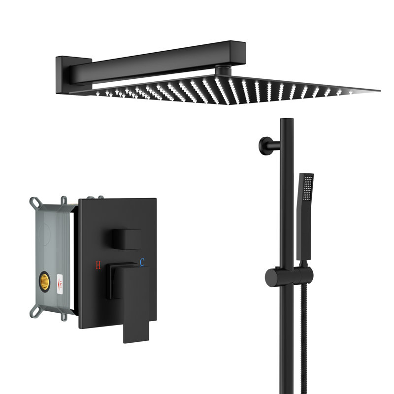Douche murale de 12 pouces en noir mat - barre coulissante réglable, douche à effet pluie et système de douche à main avec système de réglage carré à 360 °, valve d'installation facile