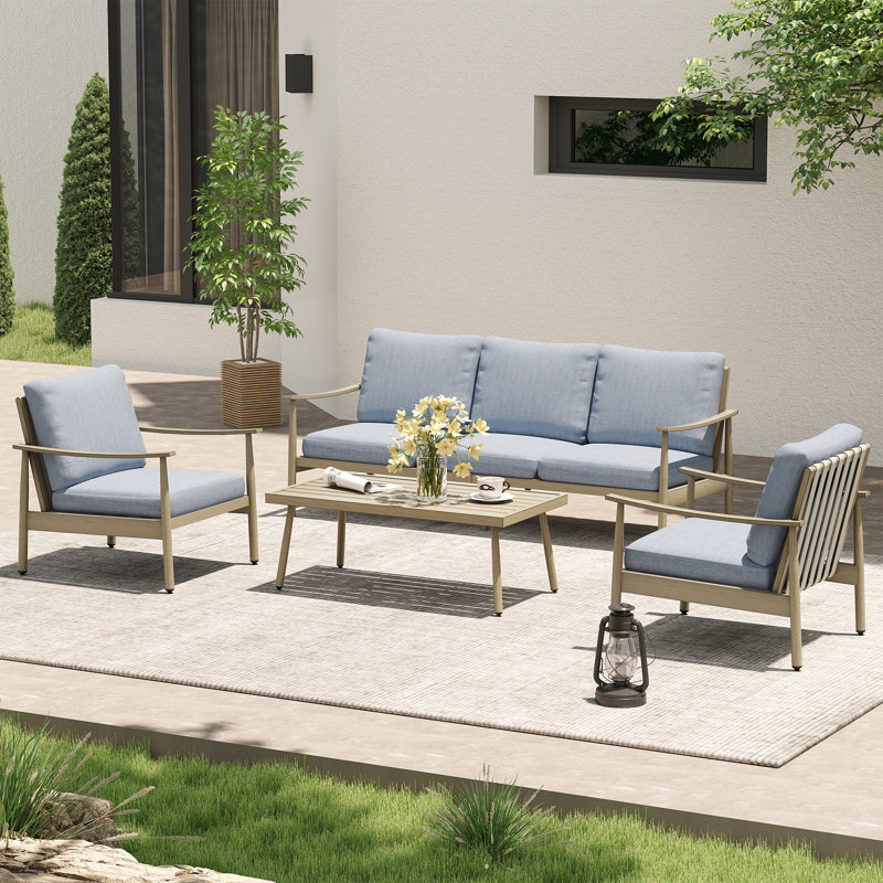Ensemble de conversation d'extérieur pour 4 personnes avec coussins Mariène, Bleu, Brun