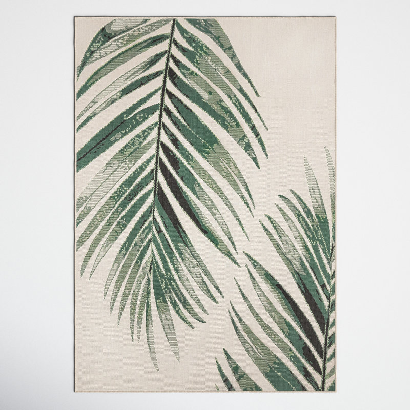 Vern Machine Woven Floral Indoor Outdoor Area Rug, Rectangle 6'7" x 9'6", Ivory/Green