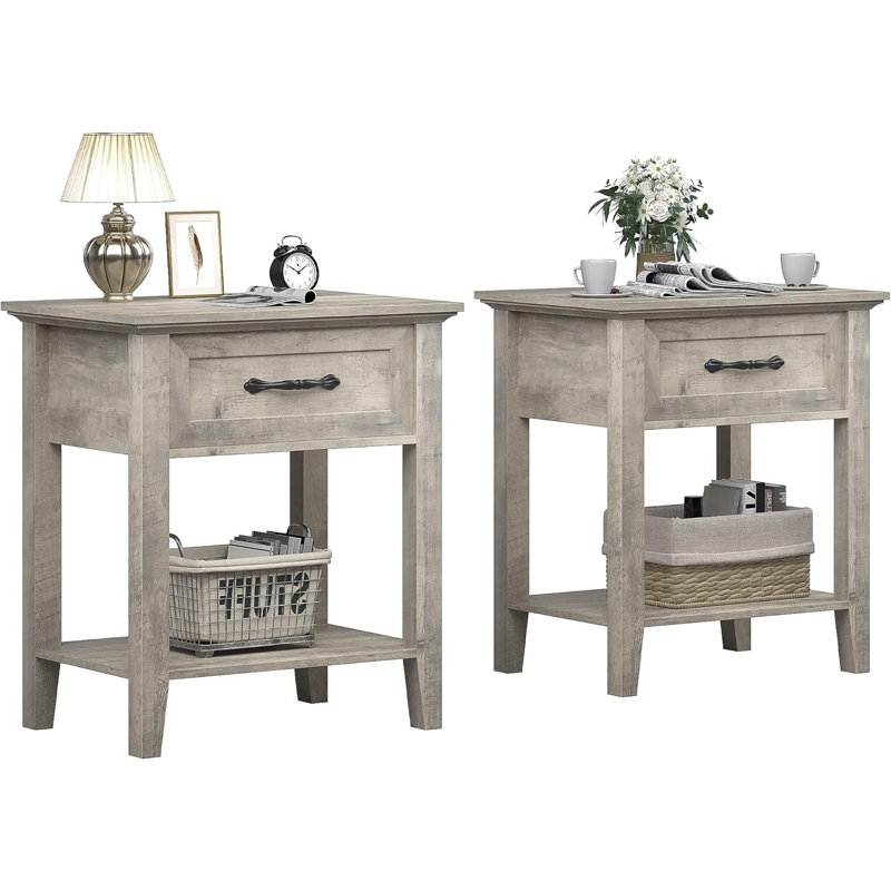 2Pcs End Table With Drawer, 2 Tiers, Gray, Gray