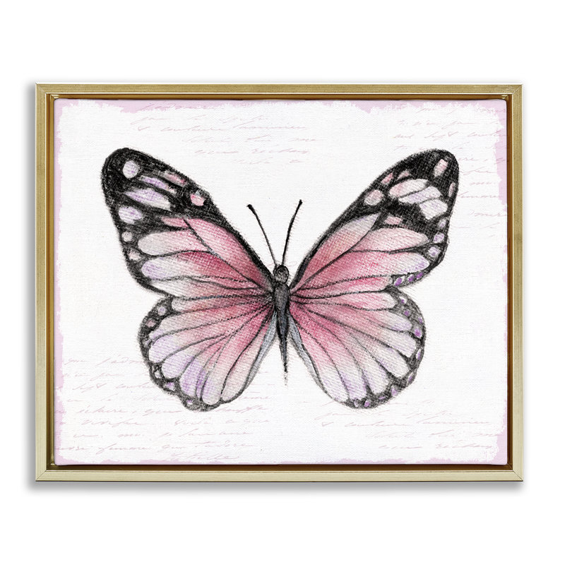 Papillon monarque rose, Cadre flottant métallique doré, H 17 po x l 21 po