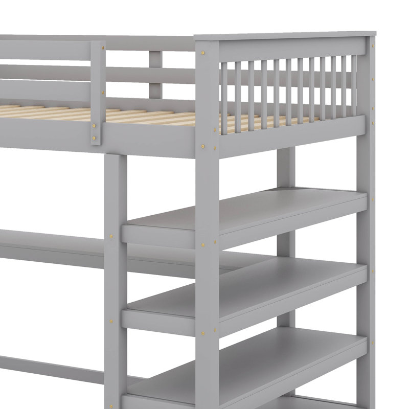 Lit mezzanine double avec tablettes et bureau, Gris