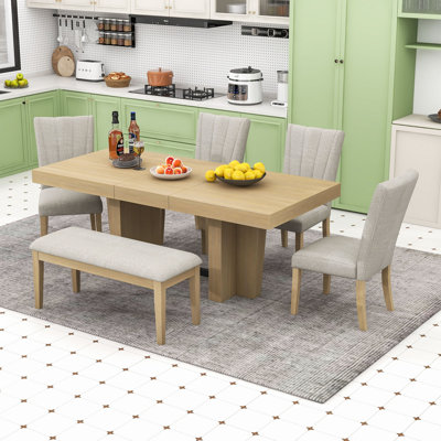 6Pcs Farmhouse Extendable Dining Table Set with Trestle Legs Table, Bench and 4 Upholstered Chairs
