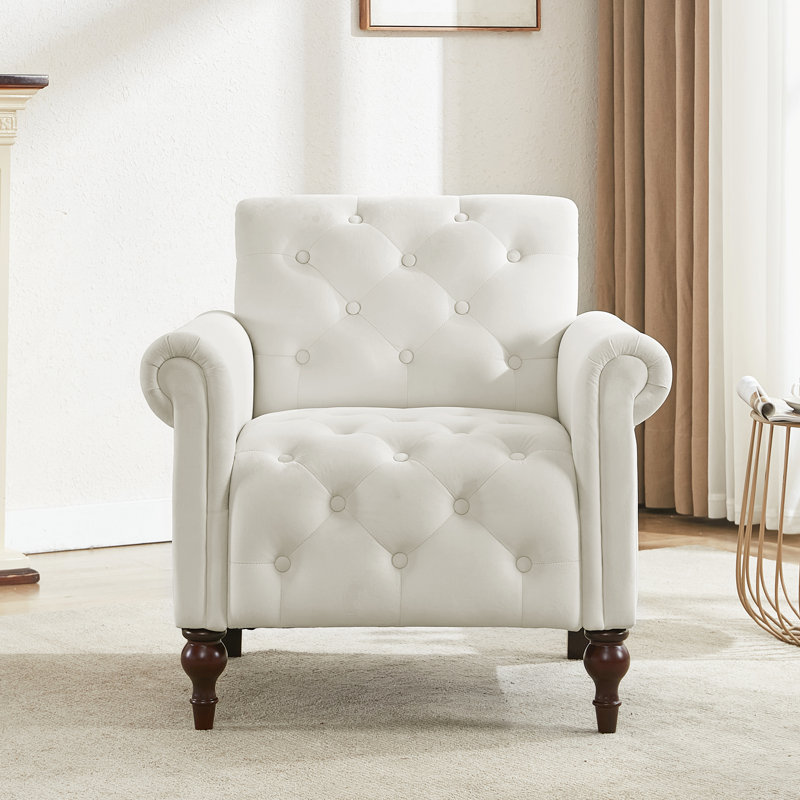 Button-Tufted Upholstered  Accent Chair  With Rolled Arm  For Living Room, Bedroom, Beige