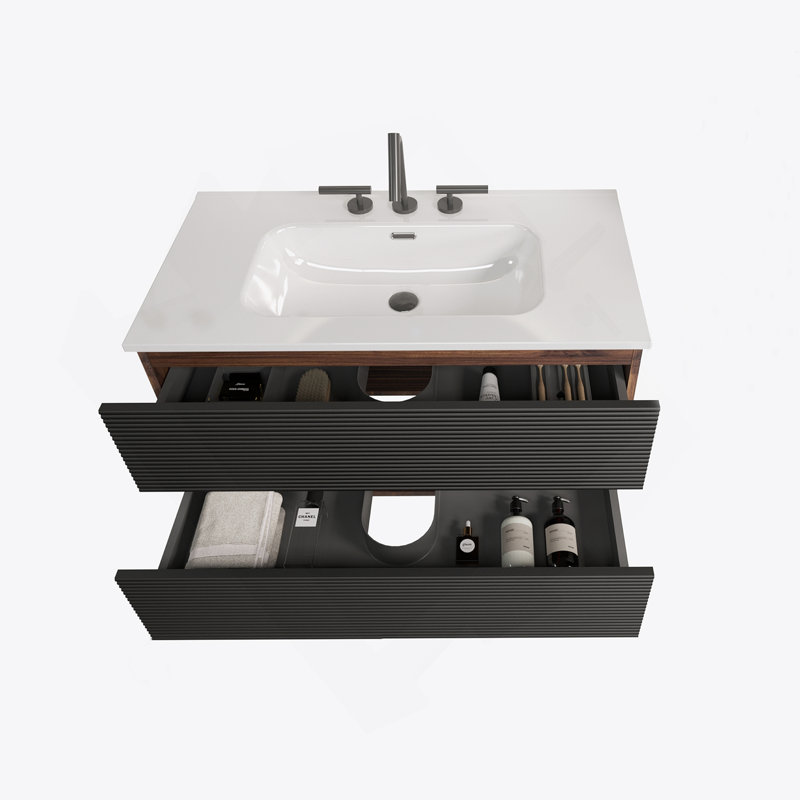 Meuble-lavabo mural avec lavabo en céramique, Noir / brun, 36"