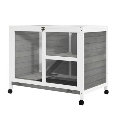 Indoor Rabbit With Wheels - Grey, Waterproof, Space Grey Cage Desk & Side Table Sized. Waterproof Small Wood For 1 Or 2 Dwarf Rabbits. 36"l X 21"w 28.75"h. Transparent Window
