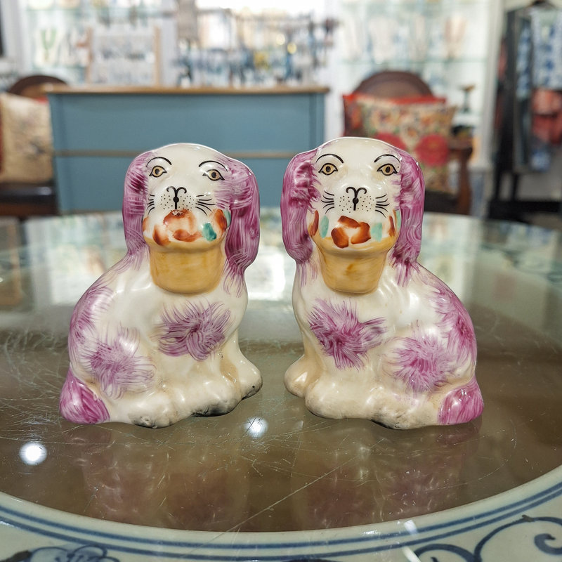 Small Black Staffordshire Style Basket Dog Figurines Pair, Pink/White/Beige