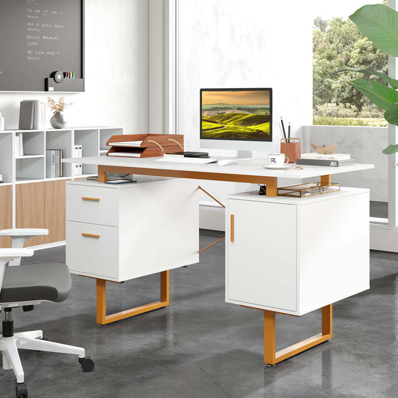 Bureau à domicile 51 po avec armoire flottante à double tiroir et cadre en métal 51 po 