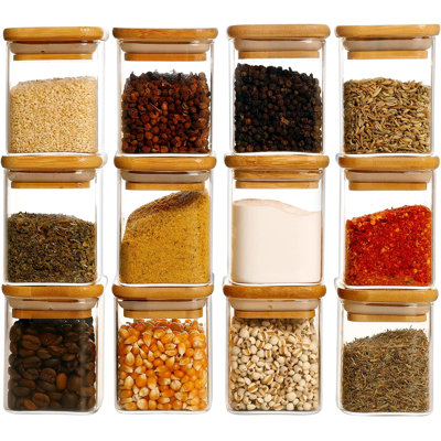 12 Pcs Square Glass Spice Jars with Natural Bamboo Lids - 5oz Airtight Herb Container