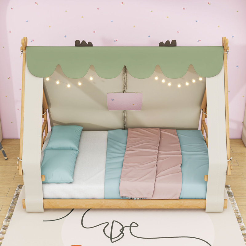 Lit plateforme en bois avec tente et design de maison, Double, Blanc