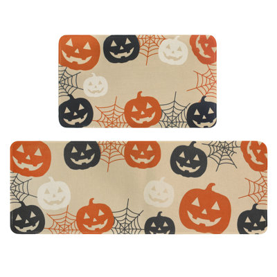 Tapis de cuisine d'Halloween, citrouille Jack-O'-Lantern et toile d'araignée, ensemble de 2 tapis d'intérieur en faux lin avec motifs (lot de 2)
