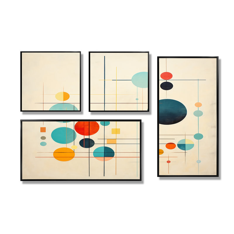 Syncronicities Midcentury Elegant Retro Art - Abstract Midcentury, impressions sur toile 4 pièces, Noir
