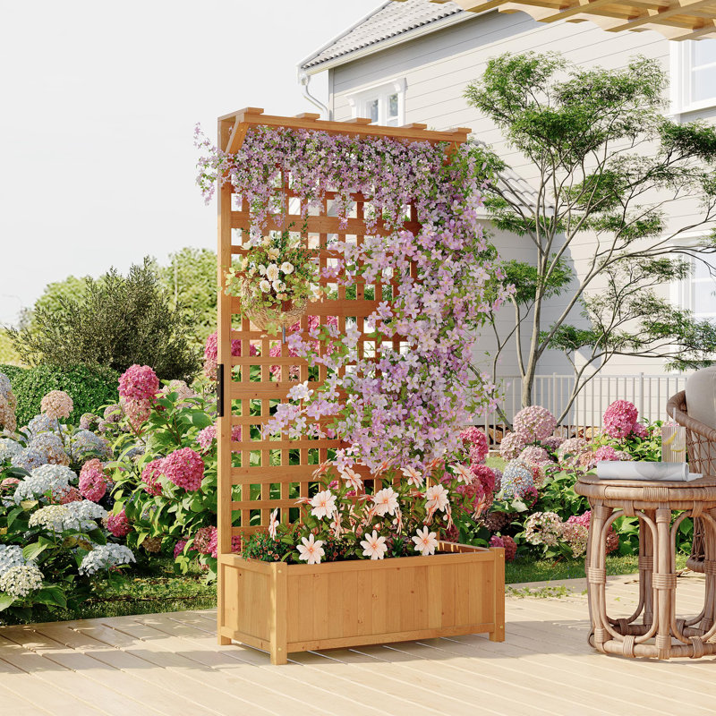 72.5" Raised Garden Bed with Trellis & Roof, Wooden Planter Box for Climbing Plants Patio Balcony Garden