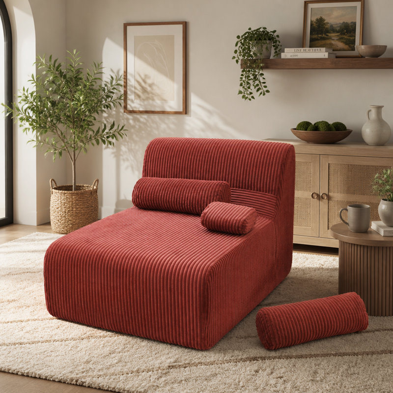 Canapé méridienne moderne sans ossature, 87 cm, confortable, en velours côtelé rouge, modulable pour salon
