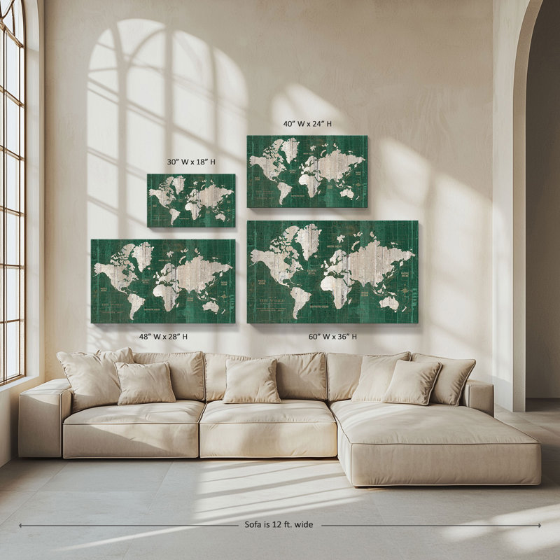 "Old World Map Green" par Wild Apple, reproduction sur toile, H 18 po x l 30 po