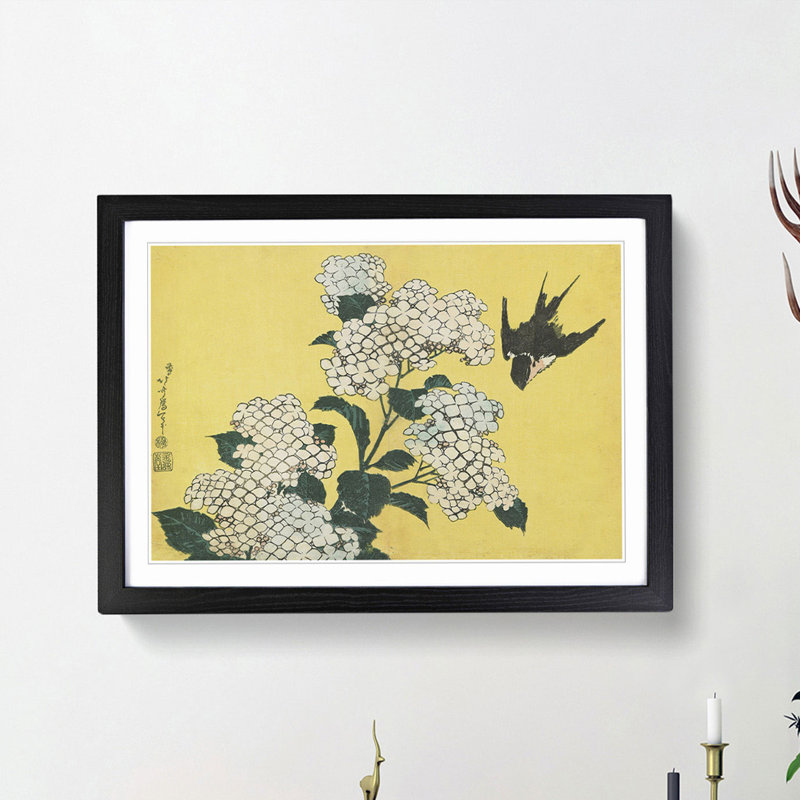 Hydrangeas and Swallow by Katsushika Hokusai - Picture Frame Painting Print, 27cm H x 36cm W x 2cm D, Black Framed