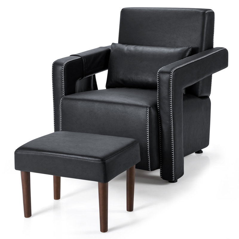 Laguer Faux Leather Armchair with Footstool, Black