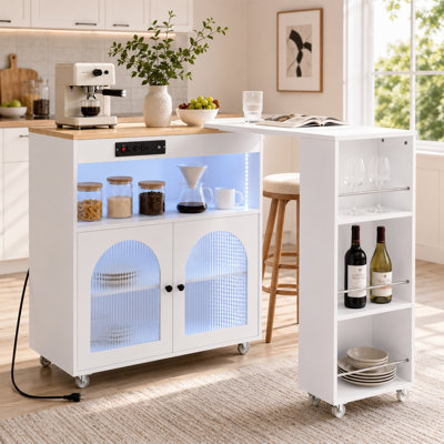 Rolling Kitchen Island with Extendable Table Modern Kitchen Cart Power Outlets & LED Light Mobile Kitchen Prep Station for Small Apartments,White