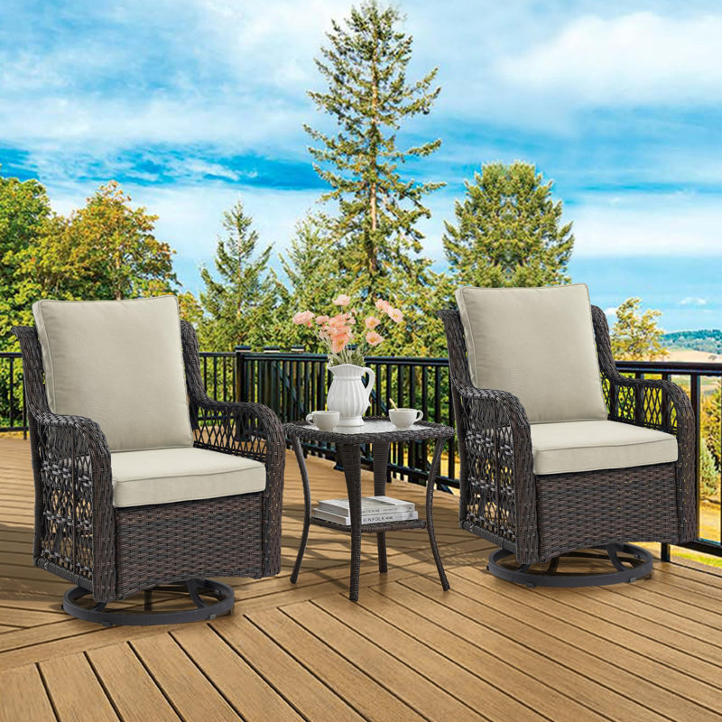 3-Piece Outdoor Bistro Set, Patio Furniture with Rocking Chairs and Glass Table for Porch Backyard, Beige