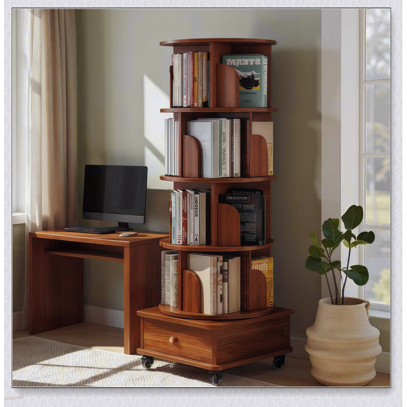 Bibliothèque rotative avec tiroir, tablette de présentation à 5 niveaux à 360 degrés pour les petits espaces, rangement en bois sur pied