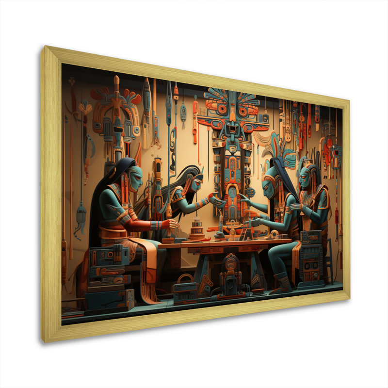 Art amérindien tissant la tapisserie - impression, Cadre doré simple, H 12 po x l 20 po x P 1 po