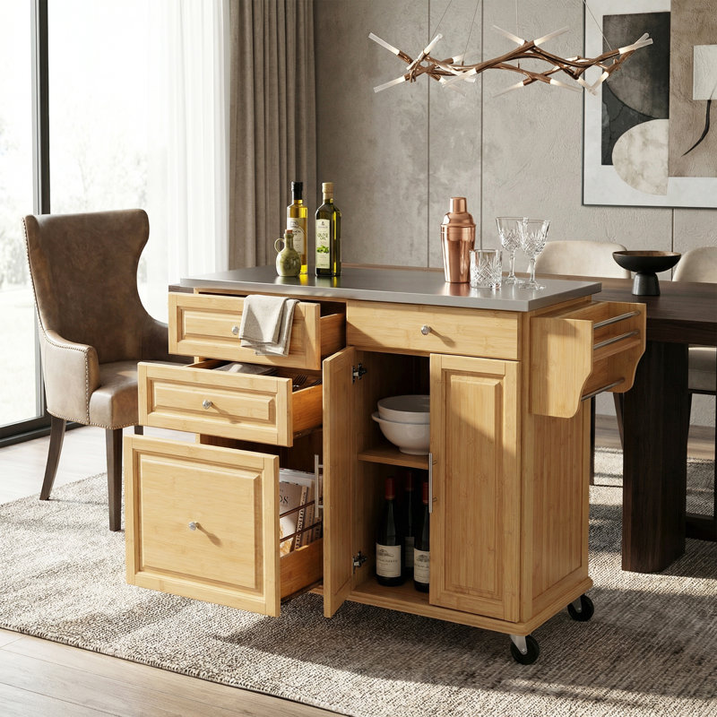 Chariot de cuisine roulant en bambou avec comptoir en acier inoxydable, îlot de cuisine mobile sur roulettes verrouillables, tiroirs multiples, armoires de rangement et porte-serviettes pour cuisine/salle à manger, espace de travail supplémentaire
