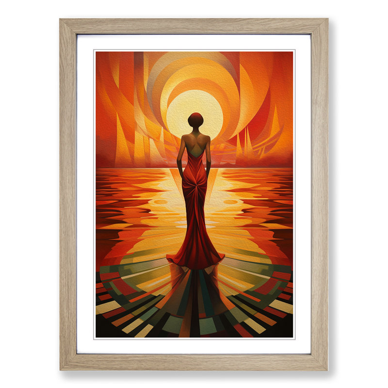Sunset Art Deco - Single Picture Frame Print on Wood, Oak, 34cm H x 25cm W x 2cm D