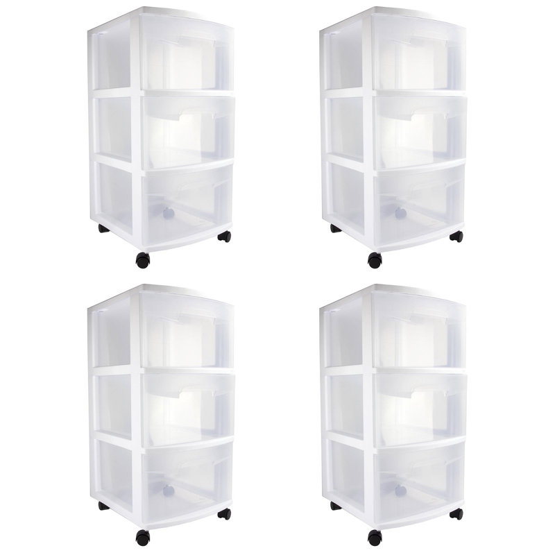 Sterilite 3 Drawer Storage Cart, Plastic Rolling Cart with Wheels to Organize Clothes in Bedroom, Closet, White, 4 Pack