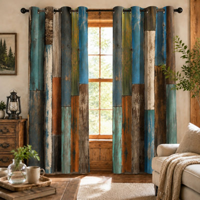 2Pcs rideaux de planche de bois rustique, imprimé de style rétro, effet vieilli, anneau de soleil, bloquant le soleil pour le salon et la décoration intérieure