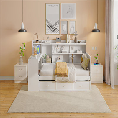Lit de jour simple en bois avec 3 tiroirs, ports USB et bureau