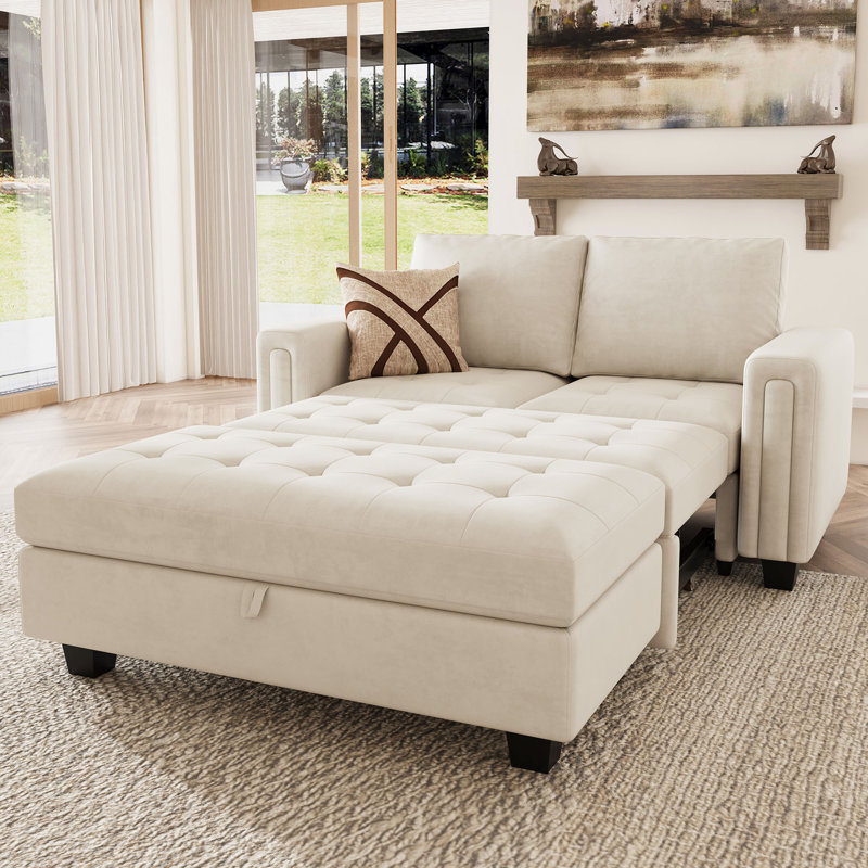 Canapé-lit rembourré en velours avec rangement Shavera, Beige