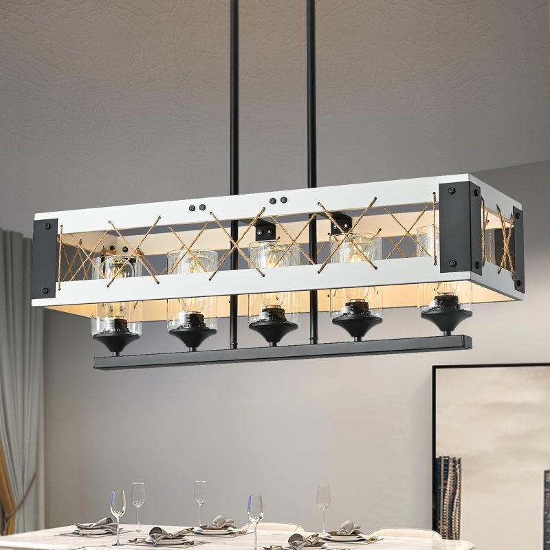 Luminaire suspendu 5 lumières de style campagnard pour salle à manger, éclairage d'îlot de cuisine blanc rustique, lustres à hauteur réglable pour table de salle à manger de cuisine