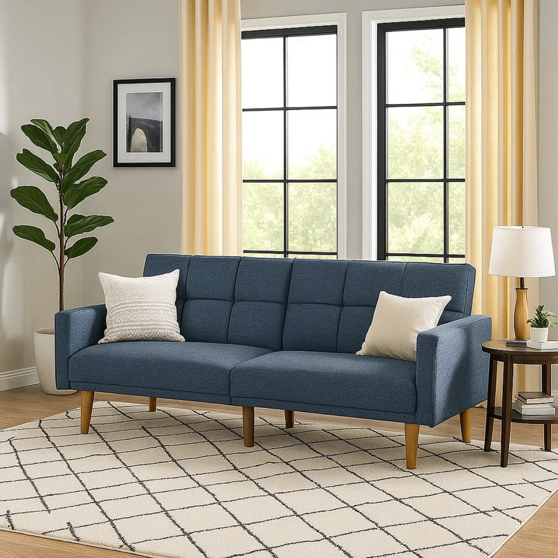 Lucreshia 79.53" W Square Arm Sofa, Linen Blend Navy