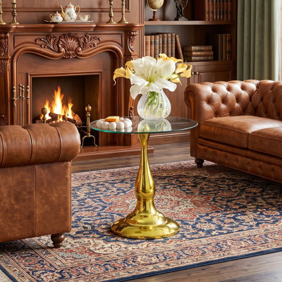 Table basse ronde en verre trempé 19,6 po avec base en tulipe en métal, table d'appoint moderne multi-finitions, livrée dans 1 boîte