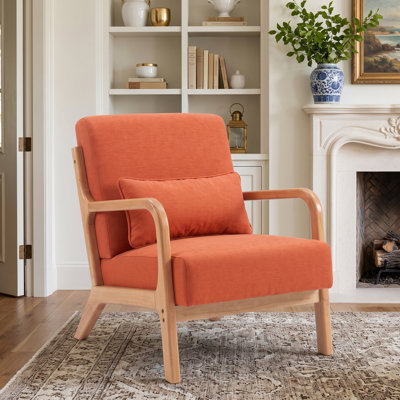 Mid-Century Modern Upholstered Accent Chair with Lumbar Pillow, Solid Rubberwood Armchair, Orange