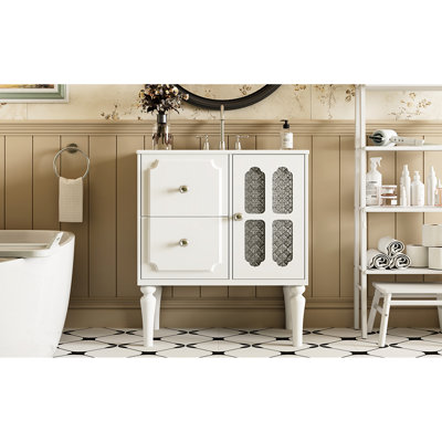 Meuble-lavabo blanc rétro 30 po avec lavabo en céramique, meuble-lavabo simple autoportant, 2 tiroirs de rangement, finition peinte imperméable et tiroirs de planches de haute qualité, trois trous pré-percés dissimulés
