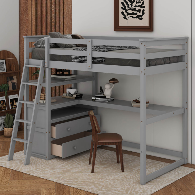 Lit mezzanine simple avec bureau et tablettes, deux tiroirs intégrés, Gris