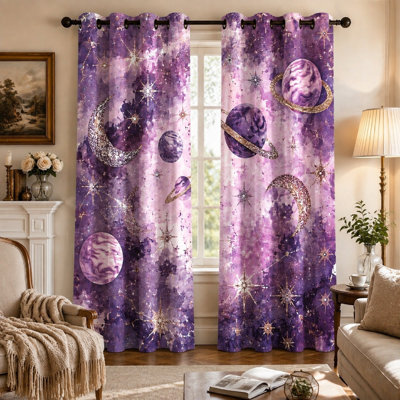 Ensemble de 2 rideaux occultants violets à motif galaxie, planète, lune, étoiles et soleil, style nébuleuse artistique, imprimé céleste moderne, œillets, isolation thermique et occultante pour chambre à coucher ou salon.
