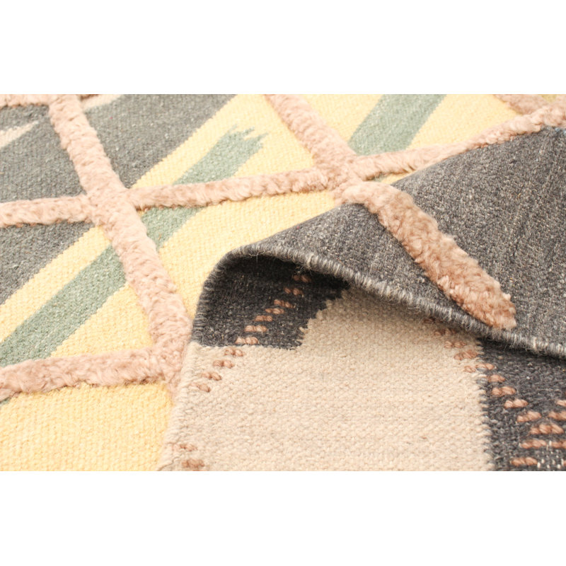 Tapis unique en laine noué à la main style Anatolian beige / gris / bleu années 2010 5 pi x 8 pi Phyllida