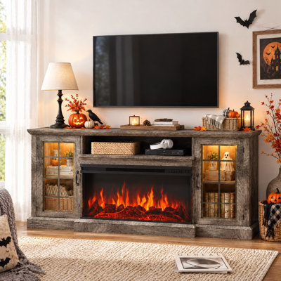 Farmhouse TV Stand with 36" Electric Fireplace and Glass Cabinet