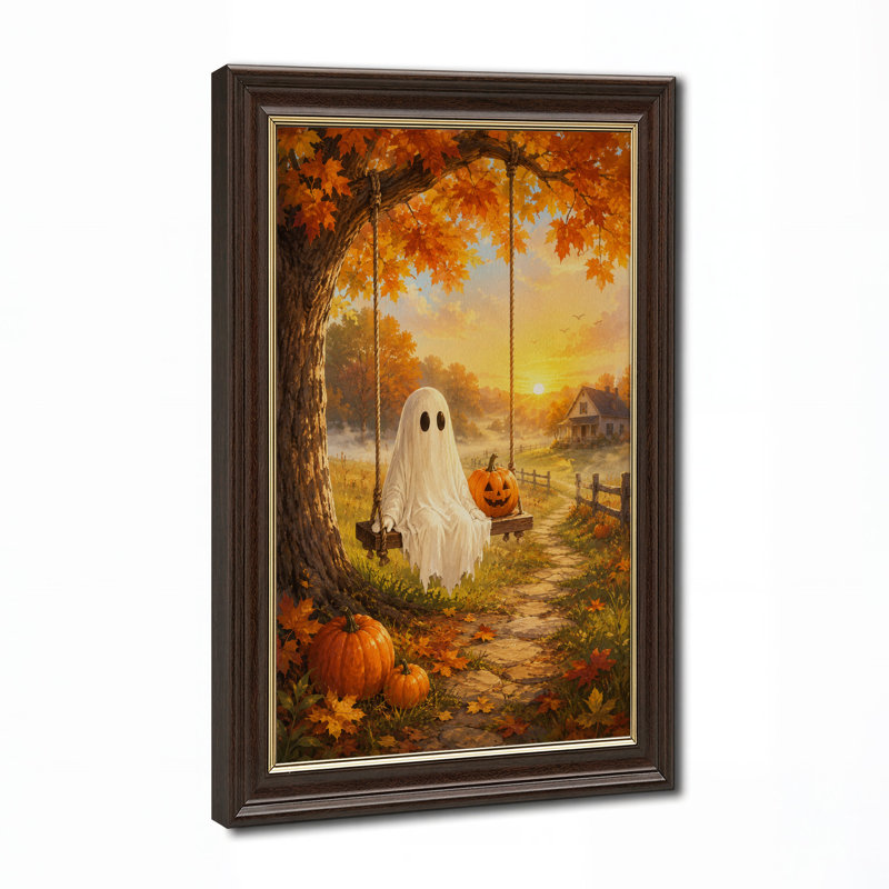 «White Ghost on Swing with Pumpkins in Golden», art mural sur toile, 24"H x 16"W
