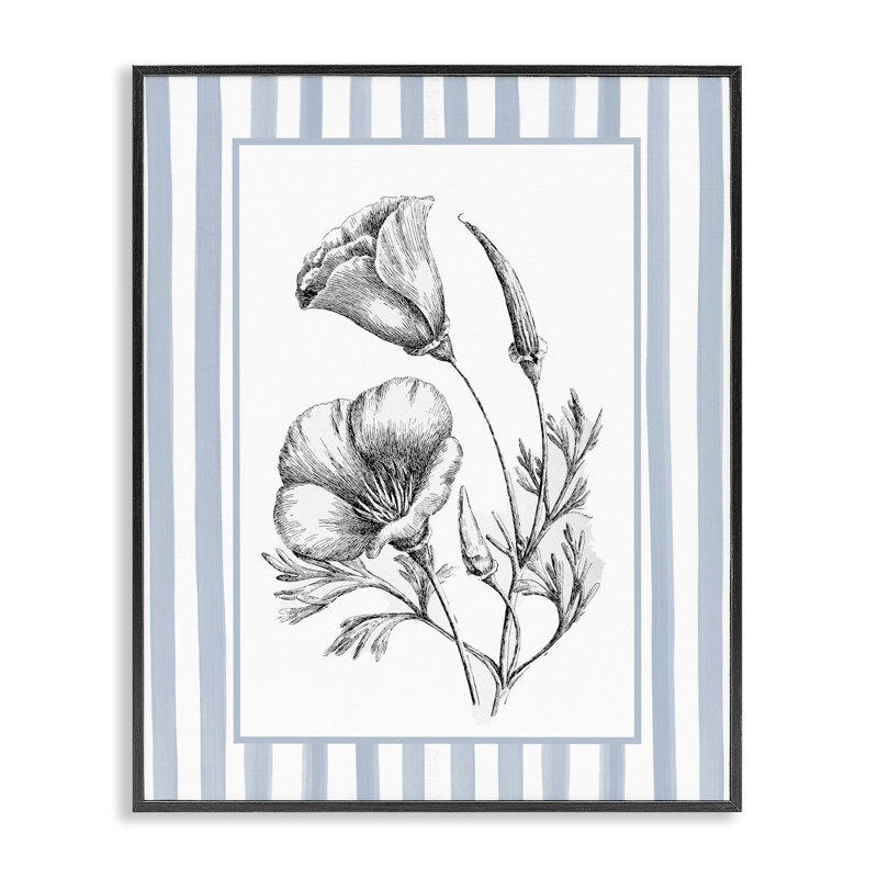 «Blossoming Flowers on Stripes», estampe numérique giclée, H 14 po x l 11 po, Giclée encadrée noir minuit