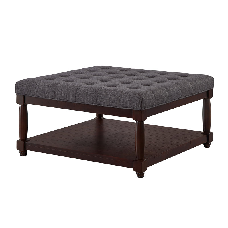 Grande table basse carrée avec repose-pieds en lin capitonné et grand repose-pieds avec tablette en bois massif, Gris foncé