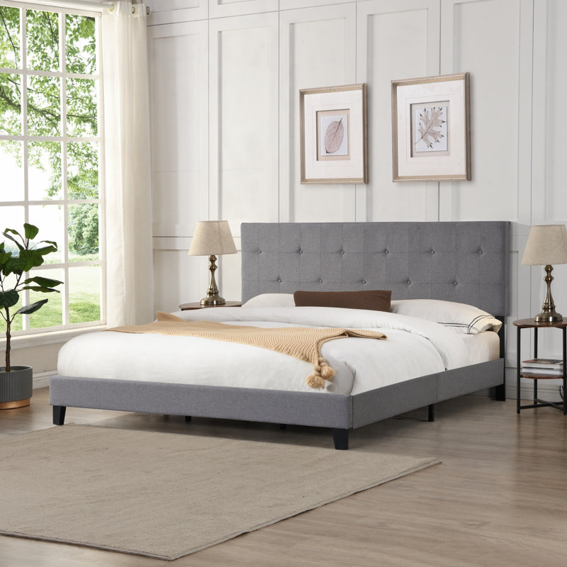 Upholstered Platform Bed with Button Tufted Linen Headboard, Wood Slat Support, No Box Spring Needed, Easy Assembly, Gray