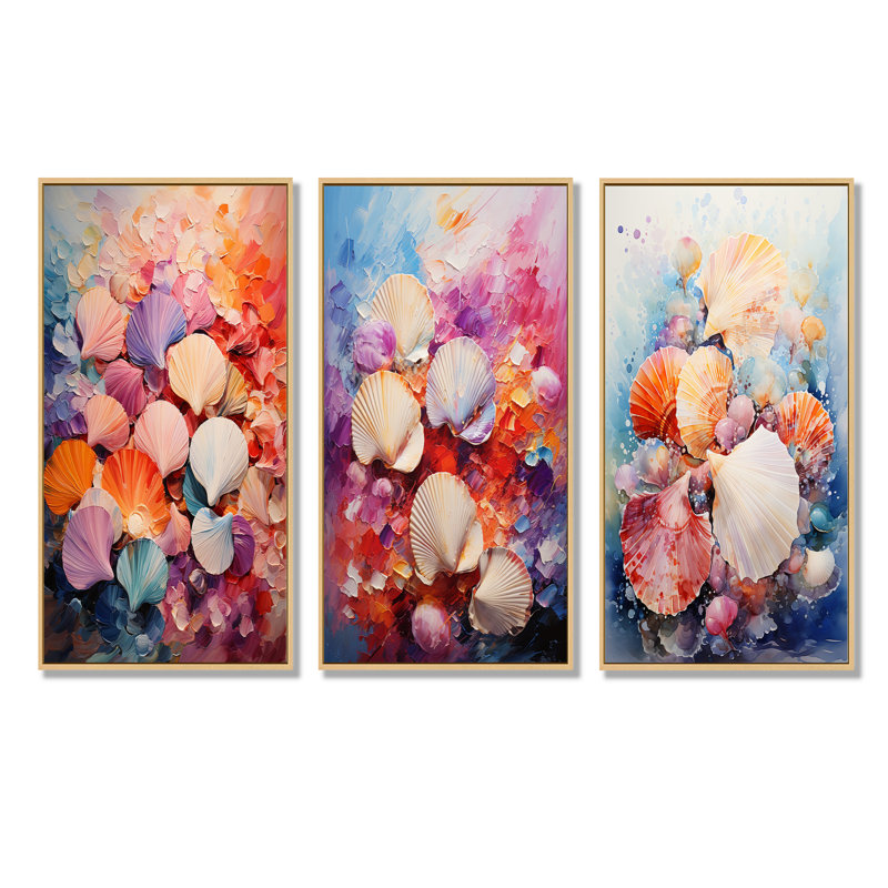 «Seashells Wonders On The Coast - Seashell», ensemble de 3 reproductions d'art sur toile, Cadre flottant brun