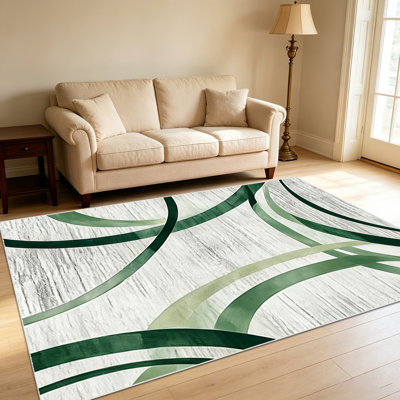 1PC abstrait - tapis vert à lignes courbes pour le salon, doux et confortable, adapté à toutes les saisons, facile à entretenir, tapis de sol intérieur lavable à la machine, sous la table de ferme convenant à la chambre à coucher, à la salle à manger, au bureau, au couloir, au patio,