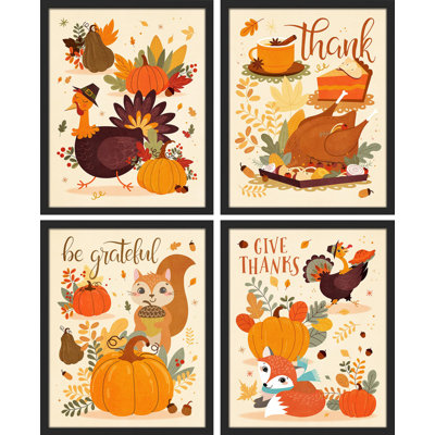 " Thanksgiving Autumn Turkey Squirrel Pumpkin Pie " 4 - Pieces